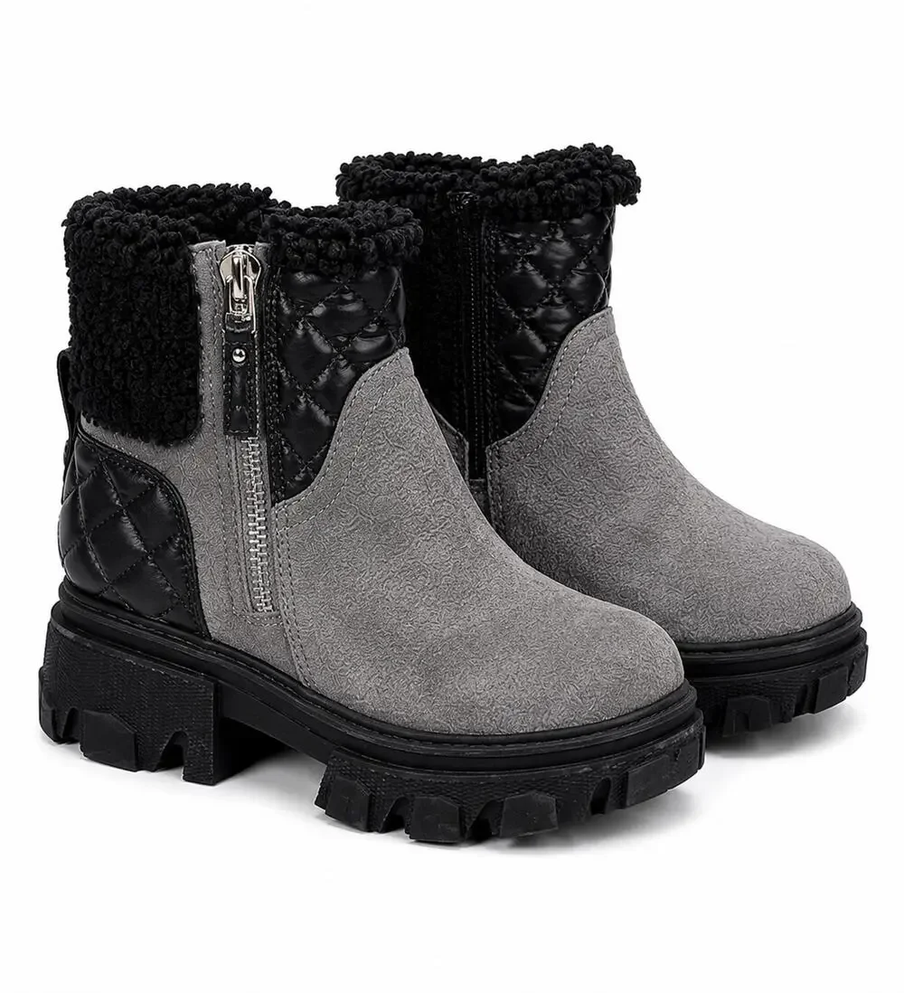 Nine West Women’s Size 7M Gray Ankle Boots Faux Fur Quilted Chunky Lug Sole New